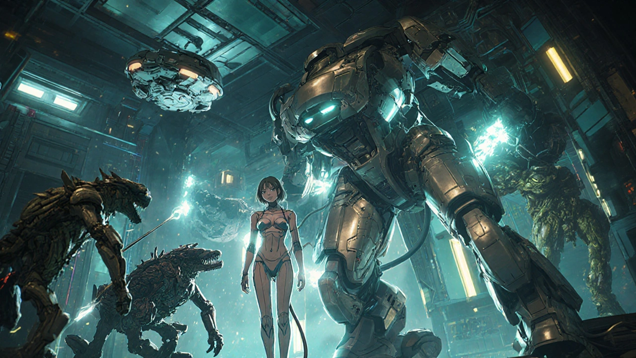 A patient connected to a healing mech-suit during dialysis, with drones fighting bone-damaging monsters using light beams.