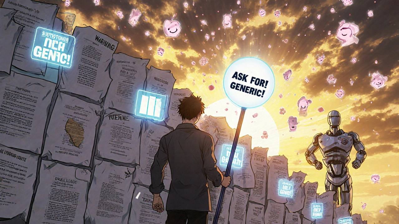 A patient fighting bureaucratic barriers with a glowing staff as generic pills rain down like blossoms in a hopeful anime scene.