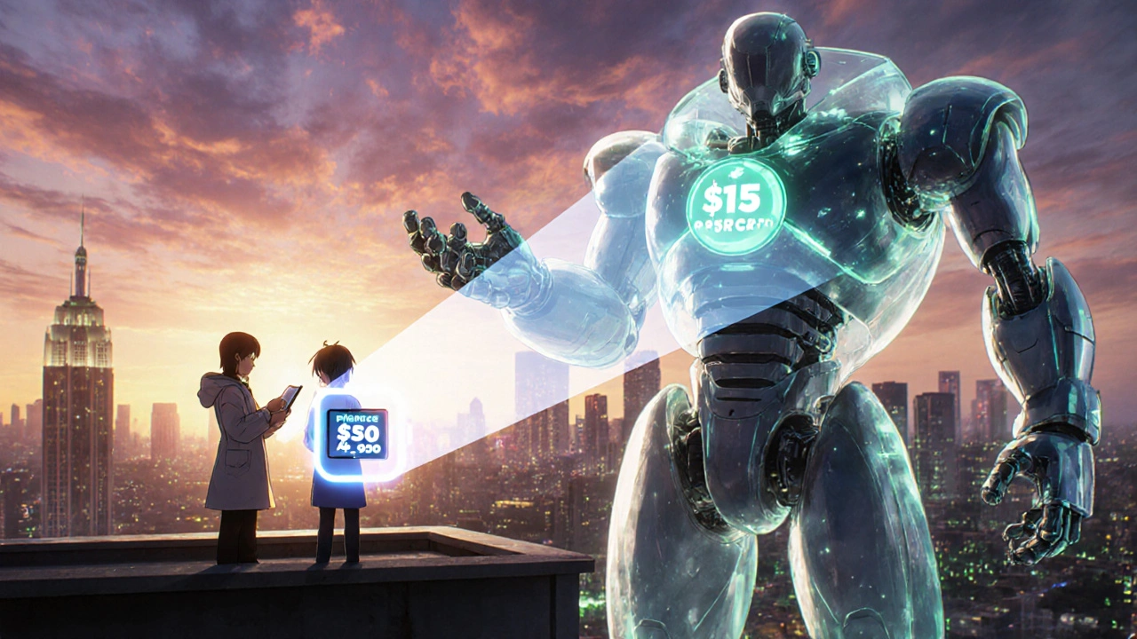 A patient holds a glowing tablet showing price comparisons as a transparent pharmacy robot offers affordable meds at dawn.