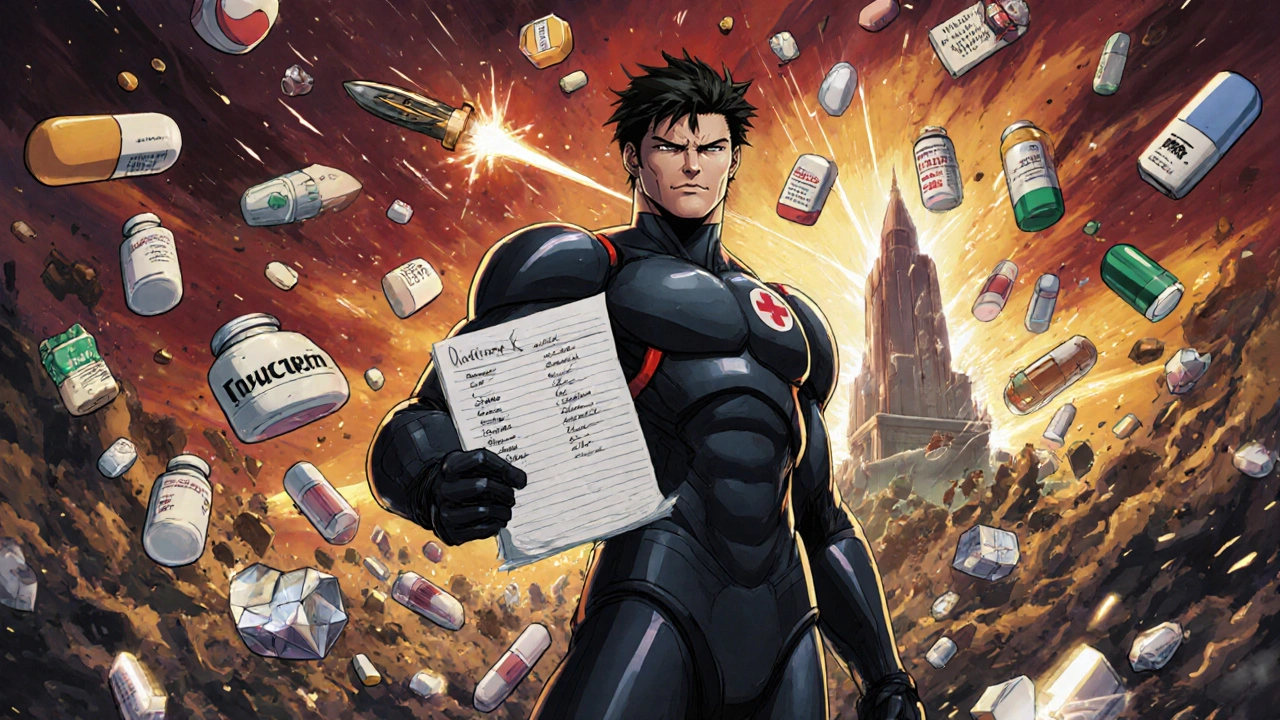 A patient in a medical exosuit stands against crashing drug icons, stable INR graph glowing behind them.