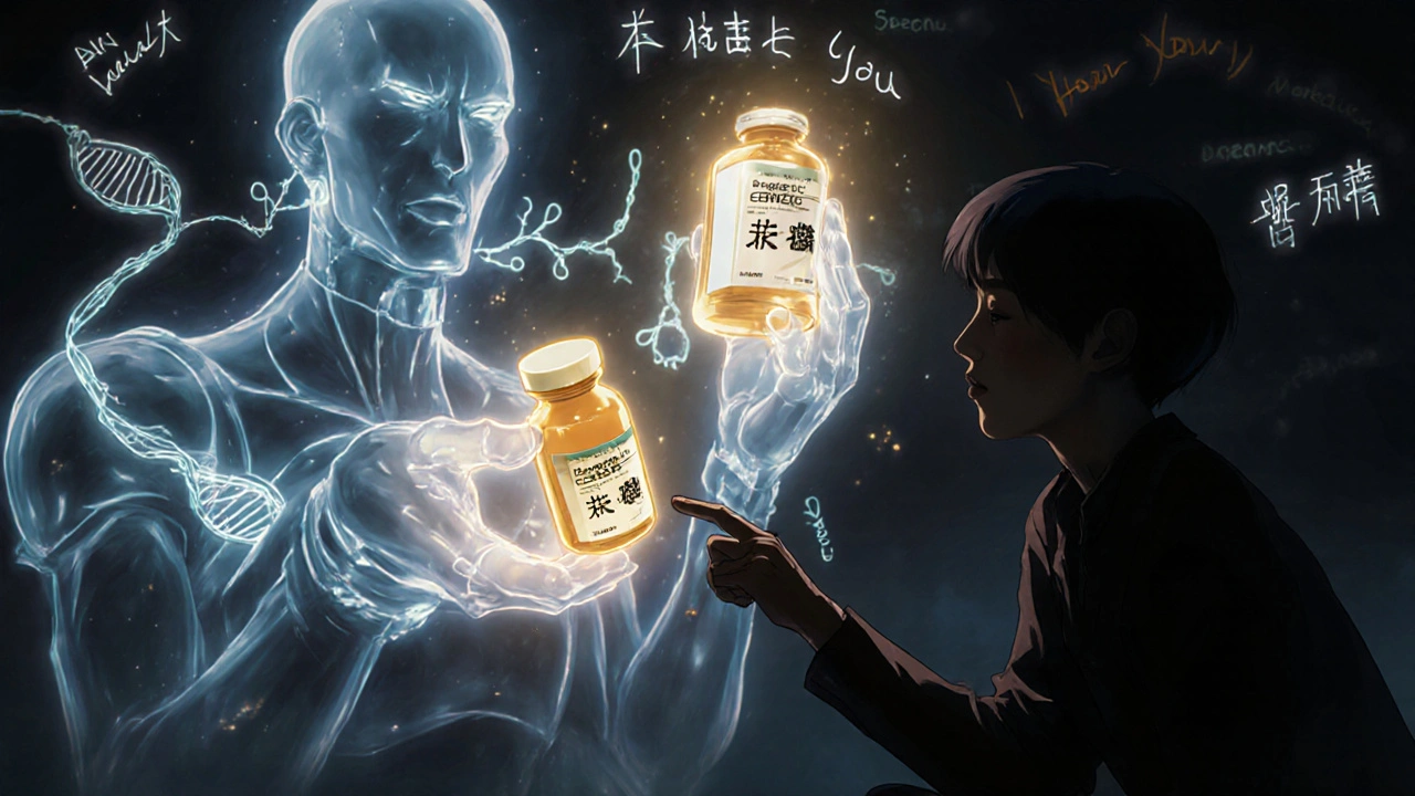 A patient reaches for a glowing generic pill bottle as a ghostly image of a parent fades, with a clinician listening intently.