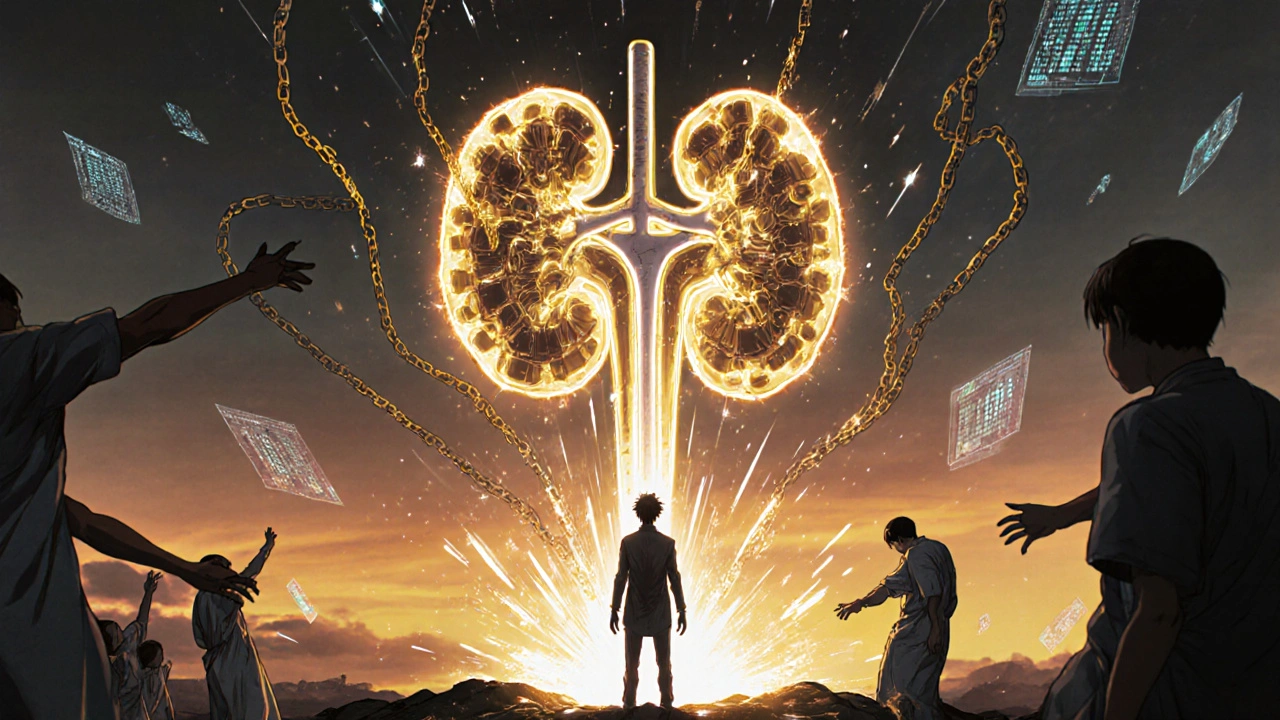 A person stands before a radiant glowing kidney transplant, chains of dialysis tubes breaking apart around them.