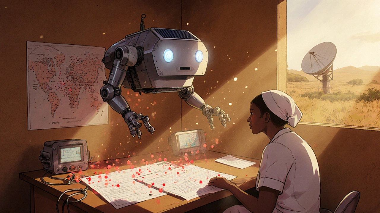 A portable robot projects drug reaction maps over a nurse’s chart in a sunlit African clinic.