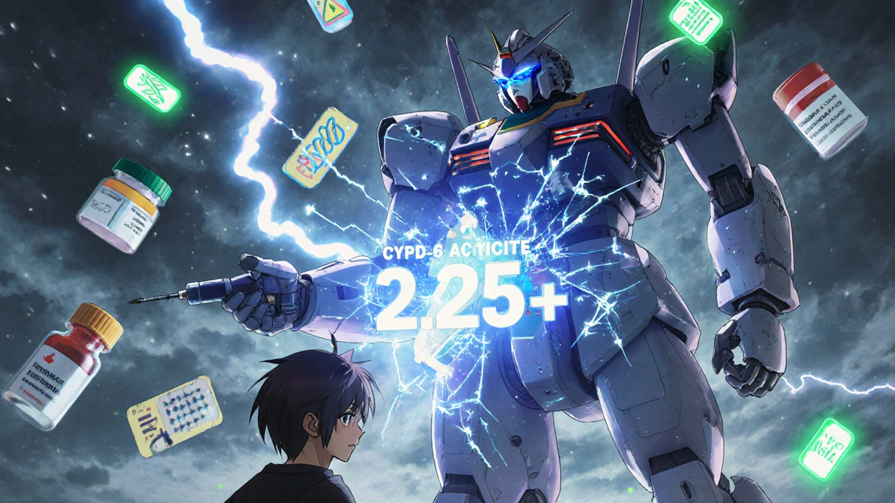 A robotic genetic analyzer scans a teen, displaying a dangerous CYP2D6 score with shattering DNA and warning icons.