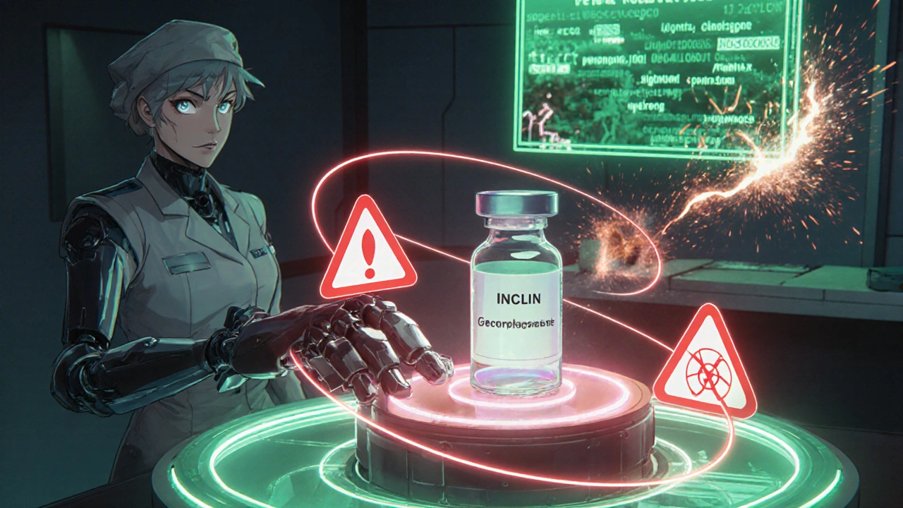 A robotic hand secures an insulin vial as holographic safety warnings swirl around it.