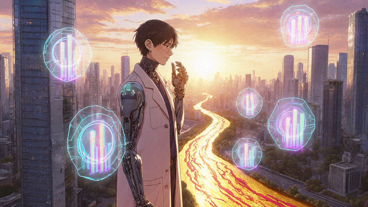 A robotic patient taking a morning statin pill as golden bloodstream energy flows through crystalline arteries.