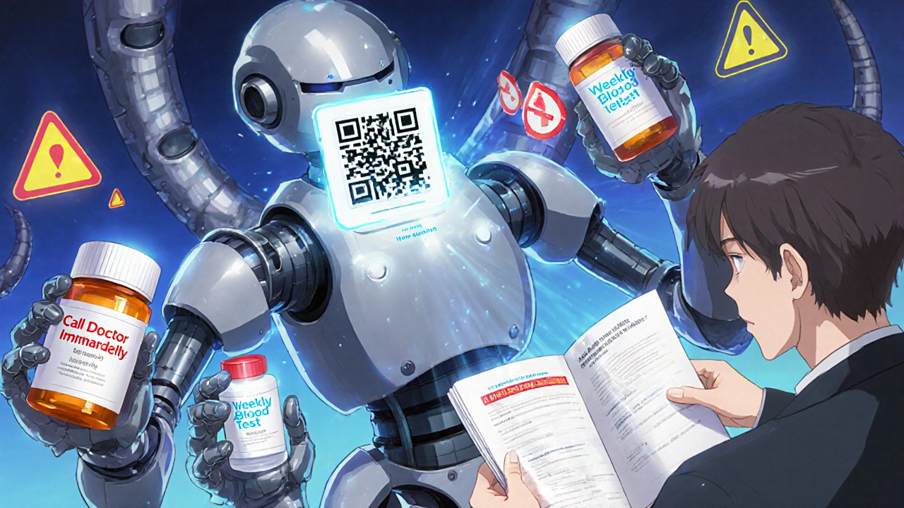 A robotic pharmacist projecting a holographic Medication Guide with urgent warning signs.