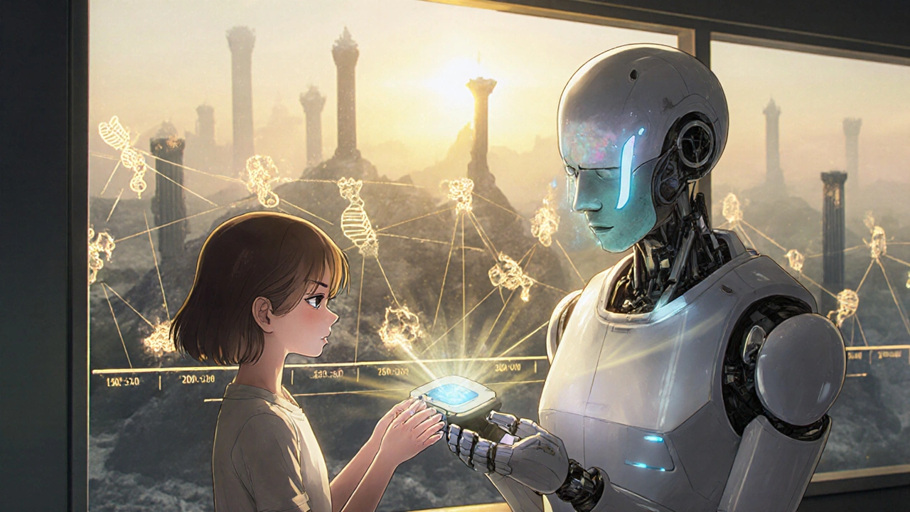 A robotic pharmacist scans a family’s hands, revealing shared genetic risk as safe alternatives rise in golden light.