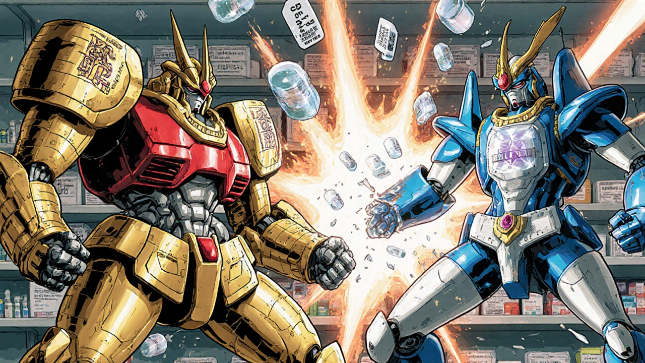 A sleek generic robot battles a gold-plated brand-name titan on a pharmacy shelf.