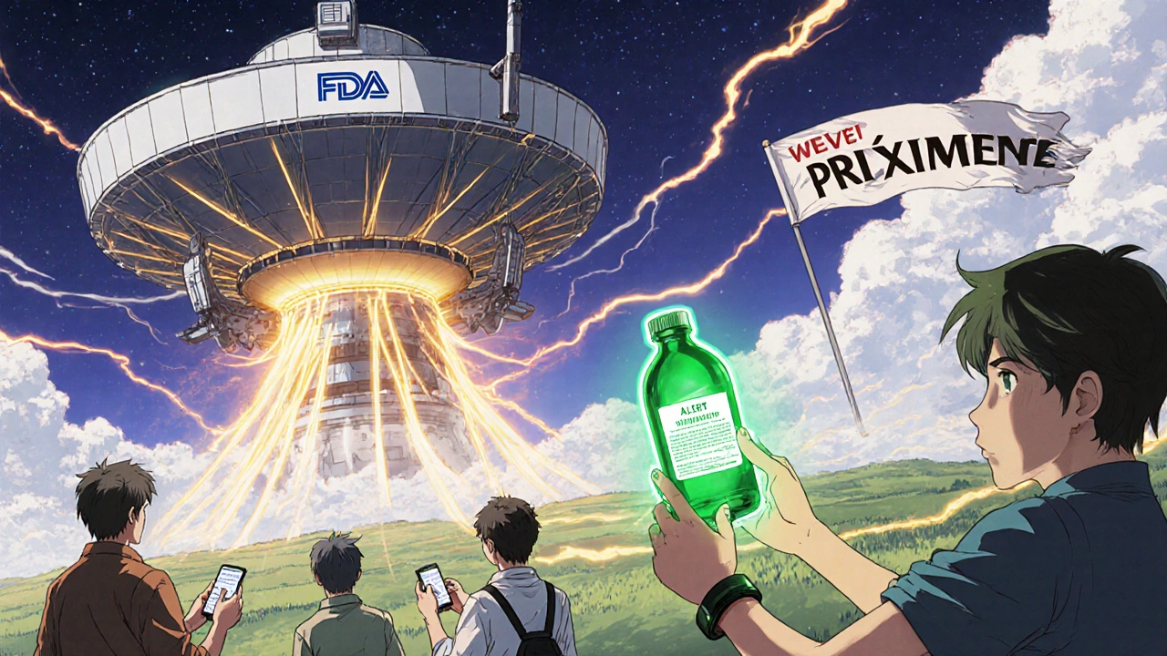 A transforming FDA alert hub sends protective notifications across a nation at dusk.