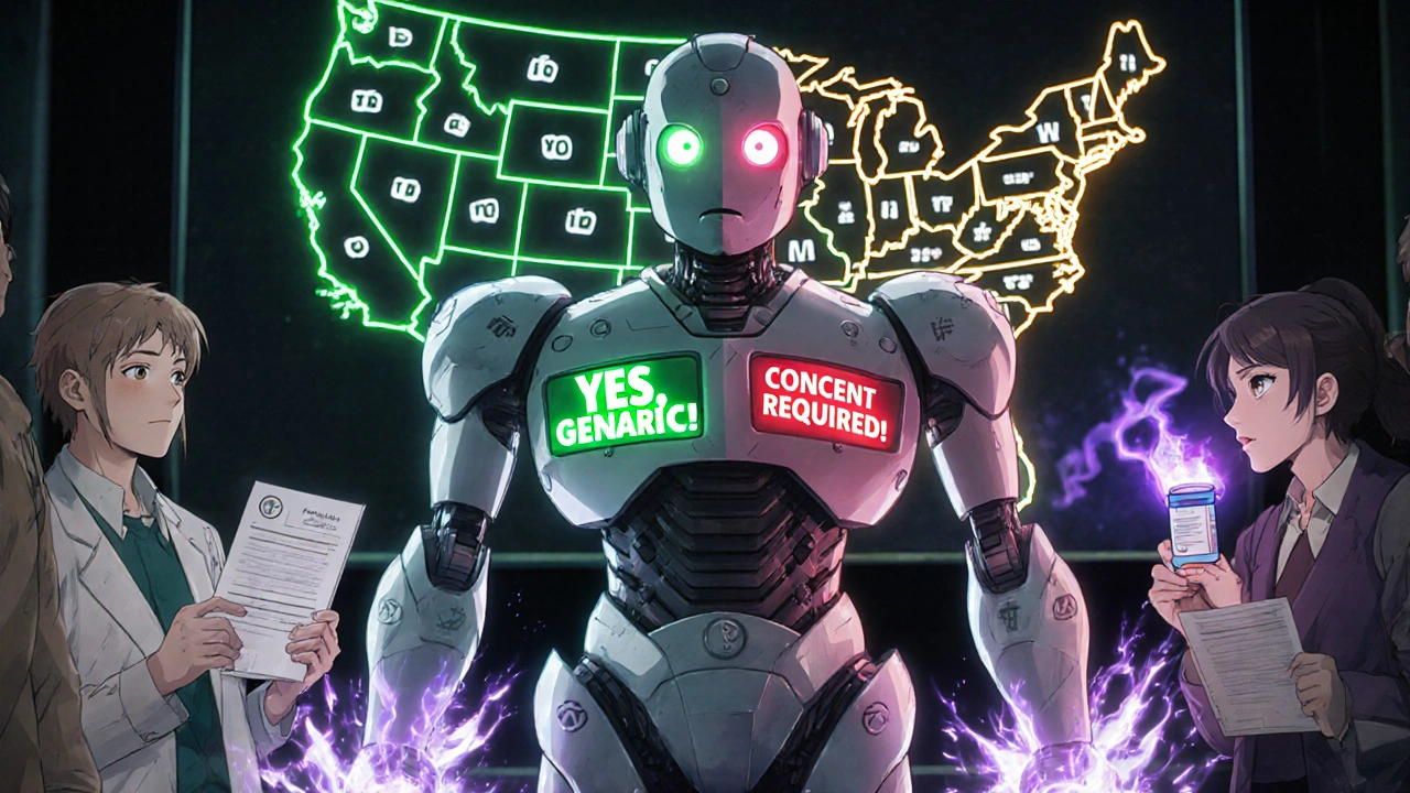 A two-faced robot pharmacist torn between mandatory and consent-based drug substitution, with patients and a biologic vial nearby.