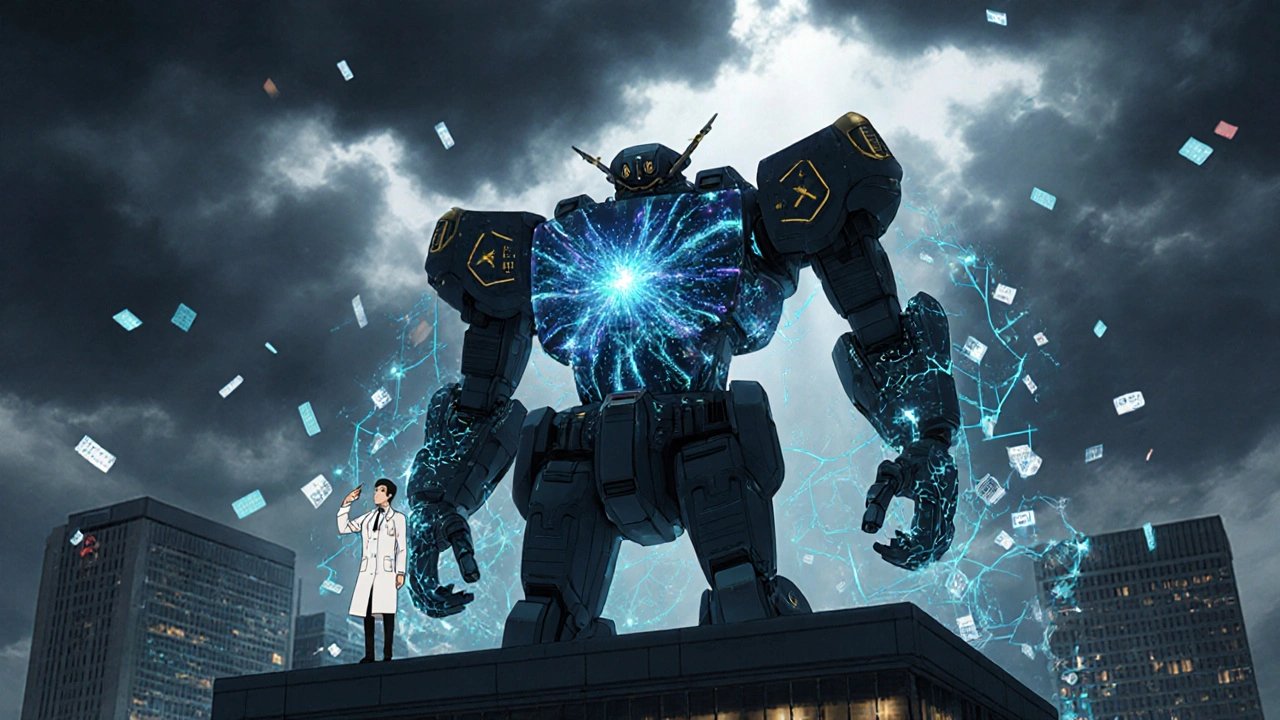 An AI mech links to citywide health systems, its torso revealing swirling patient data galaxies.