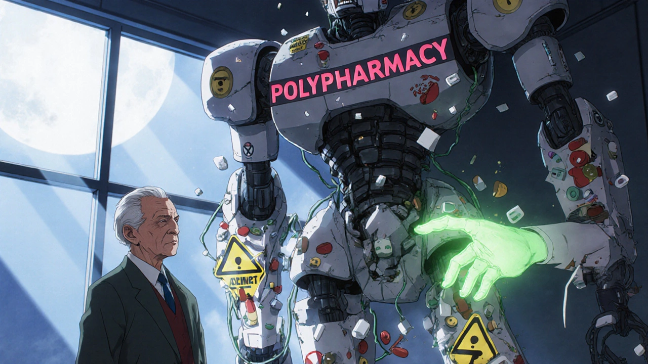 An elderly person beside a crumbling robot made of pills, with a doctor&#039;s hand offering support.