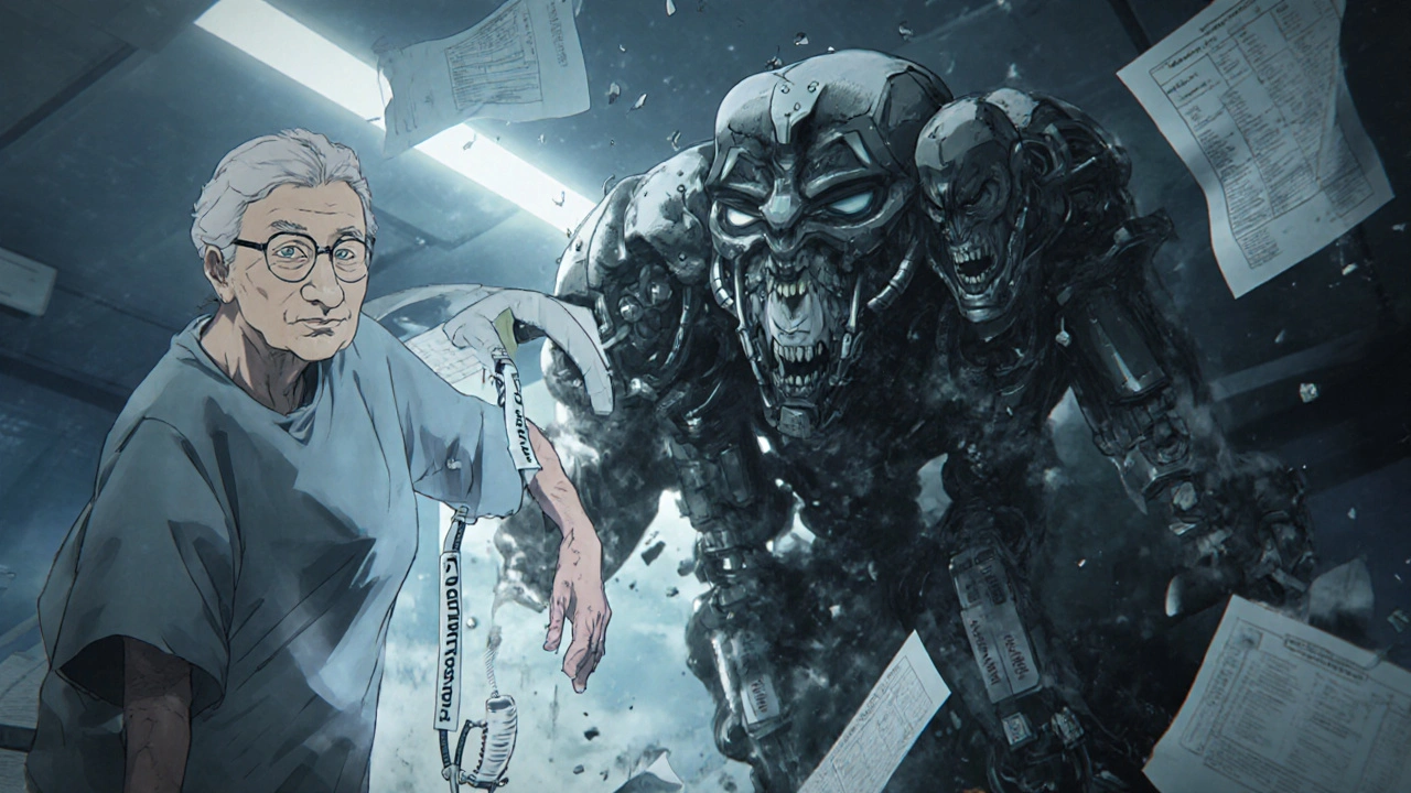 An elderly woman partially transformed into a mechanical exoskeleton with a monstrous shadow of mental illness.