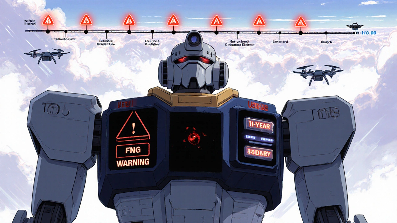 An FDA robot with a changing black box chest plate receives data streams from health records across a timeline.