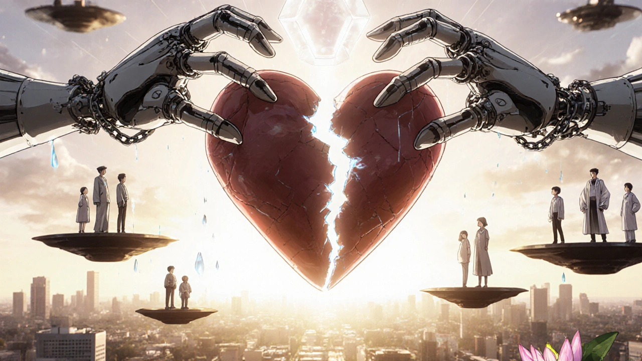 Broken chemotherapy chains replaced by dual-target CAR T-cells as patients watch from above at sunrise.