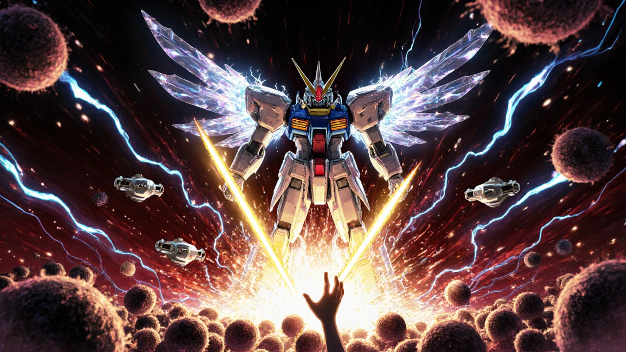 CAR T-cell mech with glowing wings destroying lymphoma cells in a vibrant bloodstream battlefield.