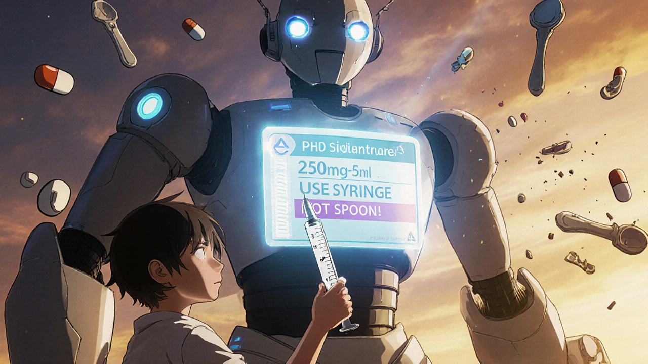 Child uses dosing syringe as a robot shows hologram of correct liquid medicine measurement.