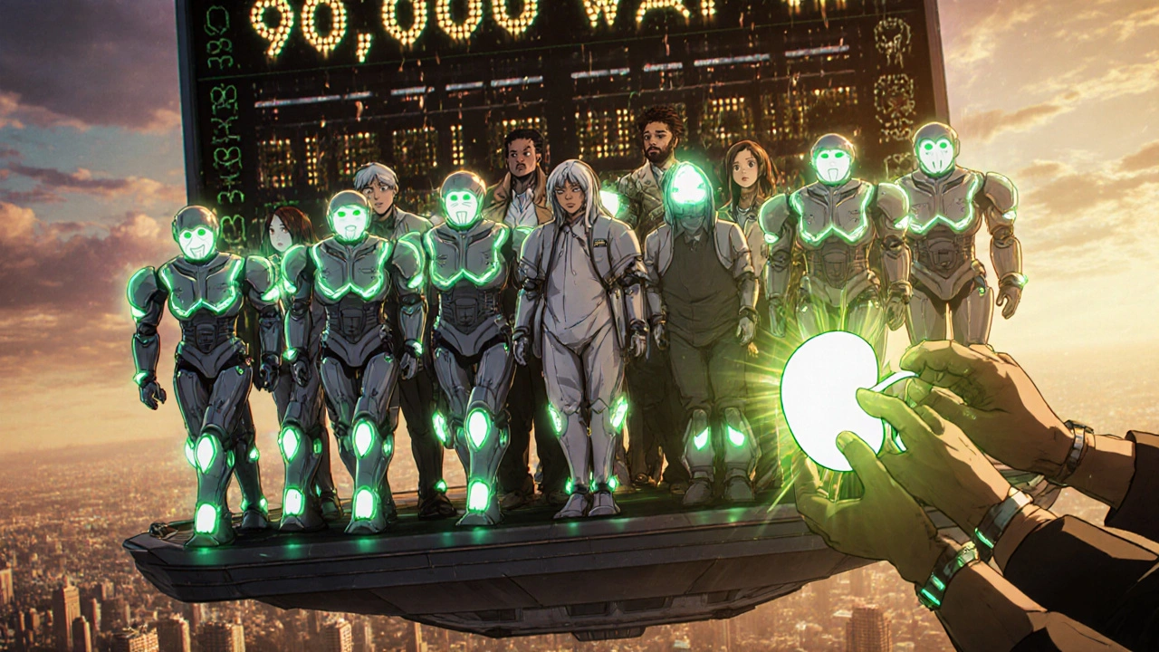 Diverse patients wear bio-armor powered by kidney implants, standing together as a donor hands a glowing kidney to a recipient.