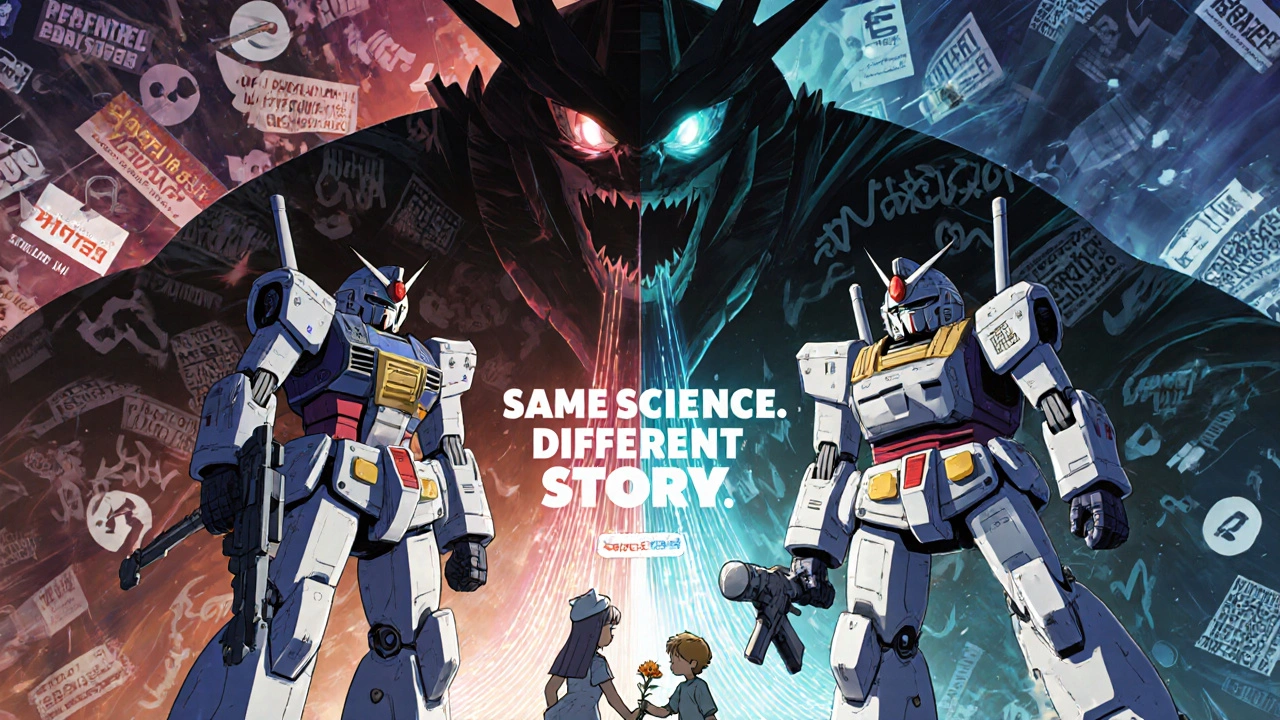 Generic and brand robots fight distrust as a child offers a flower, with patient voices forming a banner of unity.