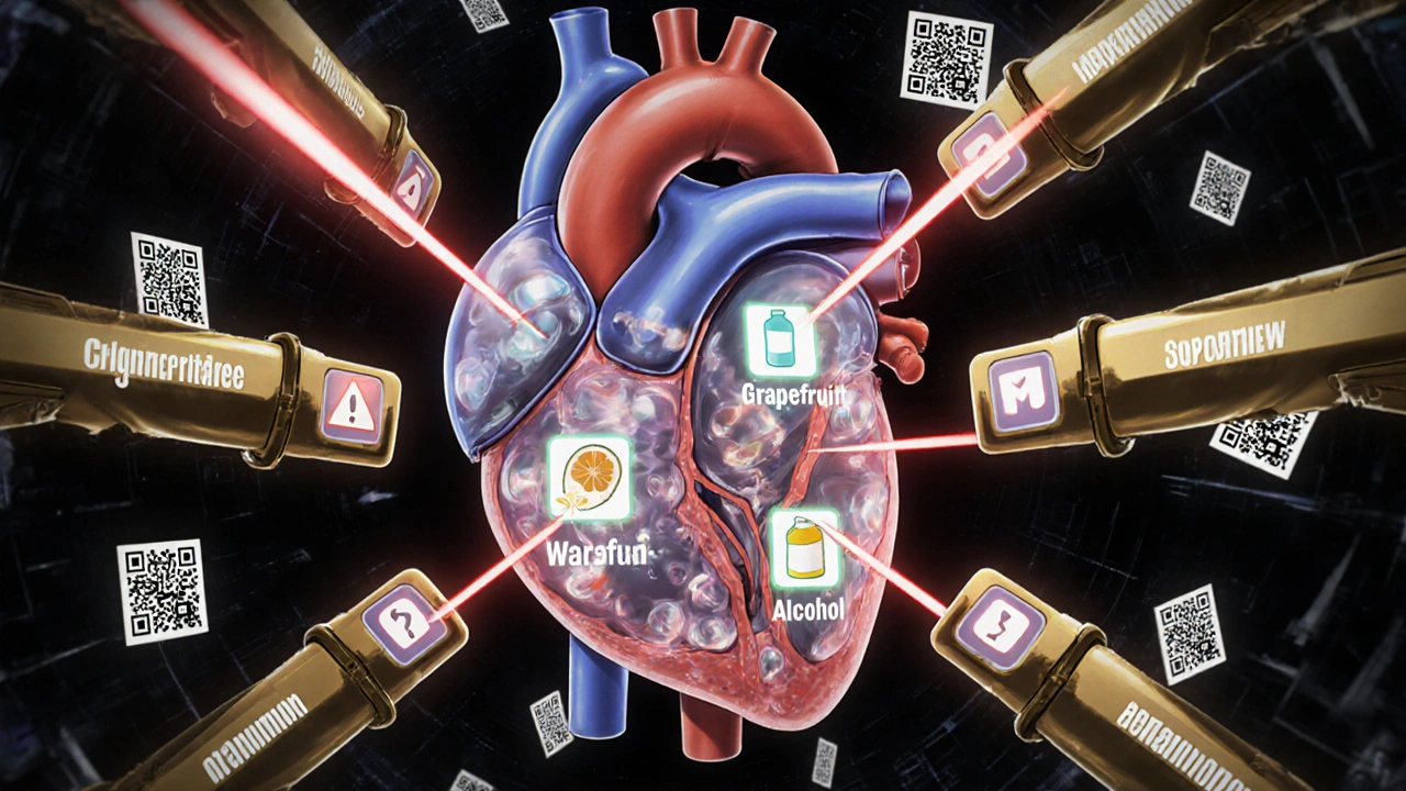 Mechanical heart displays dangerous drug interactions with warning beams and safety arms.
