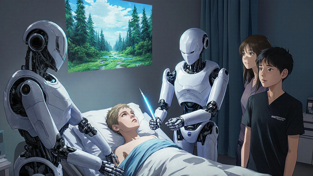 Robotic caregivers assist a patient with holographic displays and calming tools while family watches peacefully.