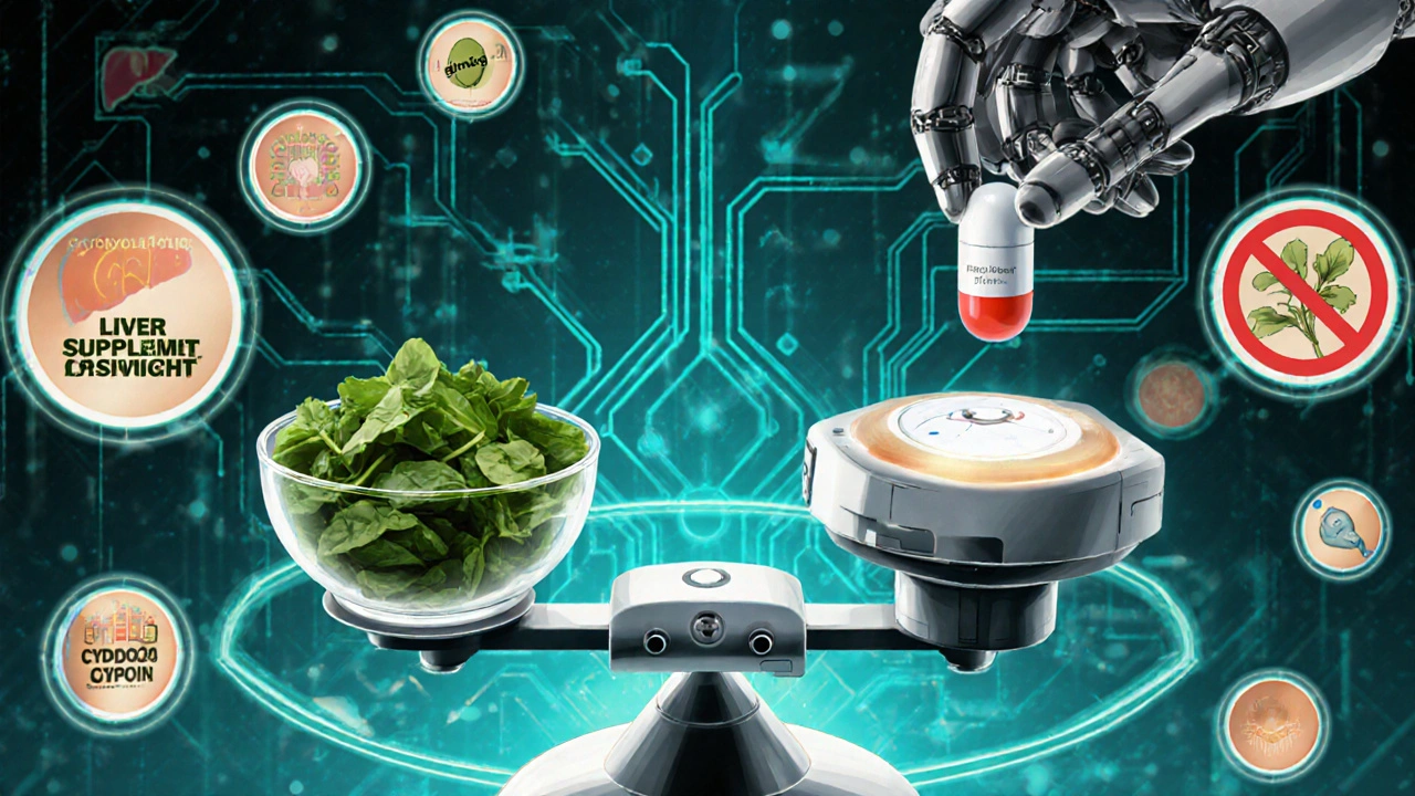 Robotic hand balances spinach on a scale while dangerous supplements are repelled by a force field.