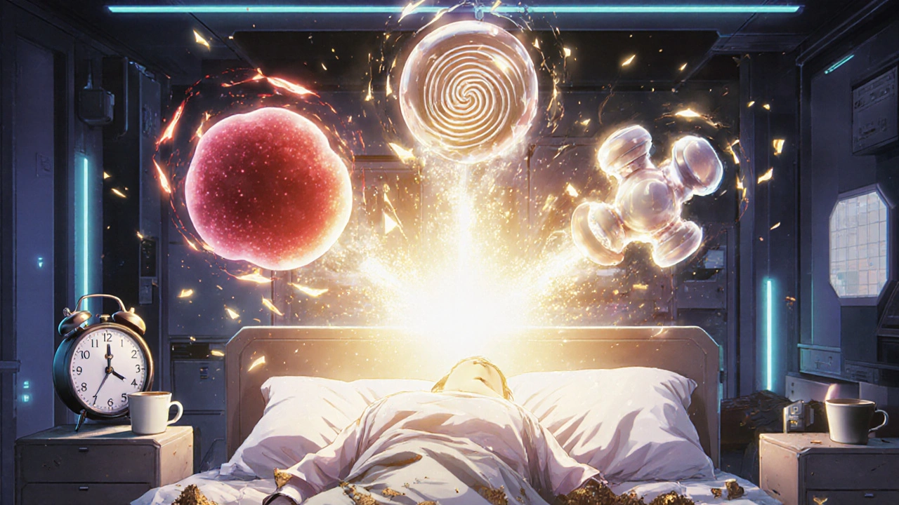Three robotic spirits merging into light above a sleeping person, dream waves radiating outward.
