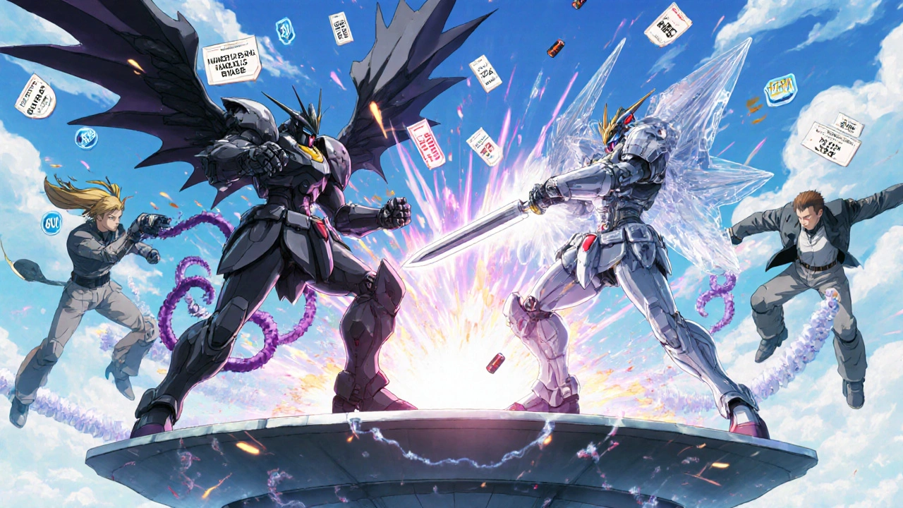 Two robotic PBMs duel on a floating platform, one opaque and profit-driven, the other transparent and fair.