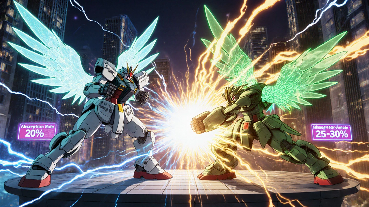 Two vitamin C robots clash—one plain, the other with glowing citrus wings.