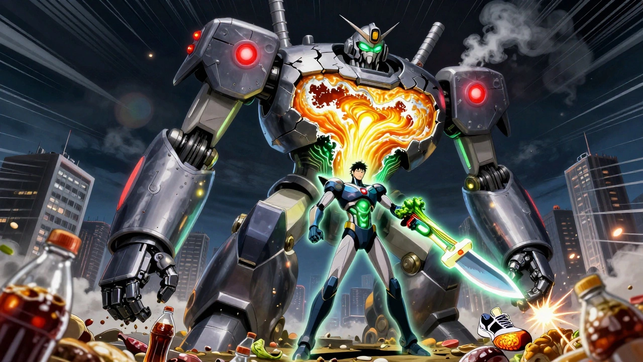 A biomechanical robot with a lipid storm inside its chest, being repaired by a hero holding a vegetable and running shoe.