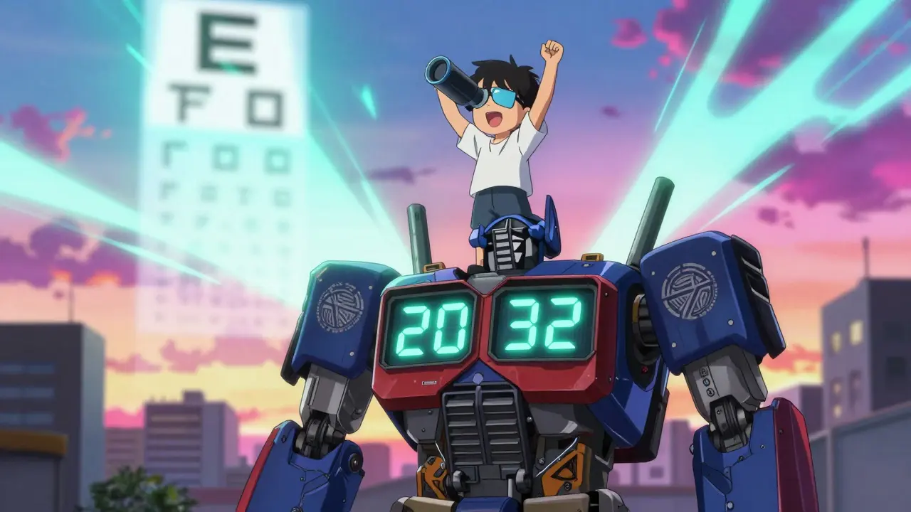 A child stands atop a giant vision-screening robot as their blurry world sharpens into focus.