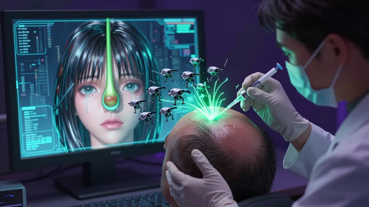 A dermatologist injecting a glowing treatment into a bald patch, with robotic drones disabling immune attackers.