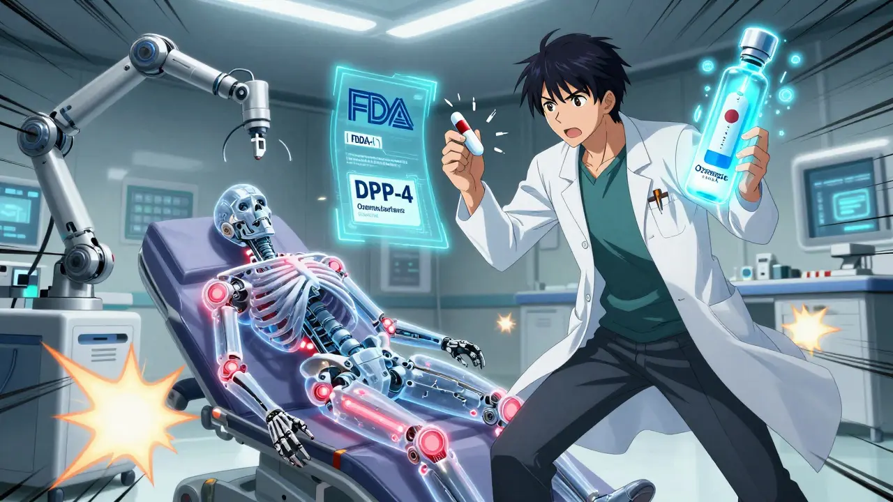A doctor battles a dangerous pill while diagnostic machines scan a patient’s robotic skeletal system.