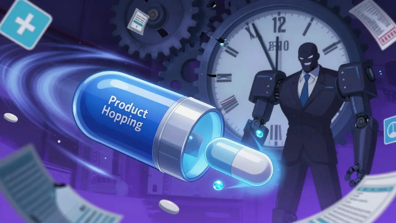 A drug capsule transforms into a new version as a corporate robot watches, with a 20-year clock breaking behind.