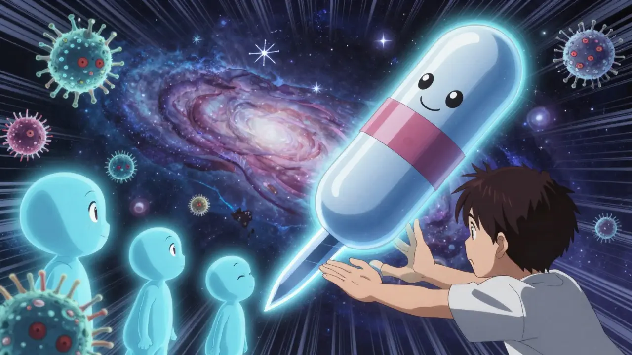 A giant antibiotic pill shaped like a sword being sheathed, as friendly and hostile bacteria bow in a cosmic gut galaxy.