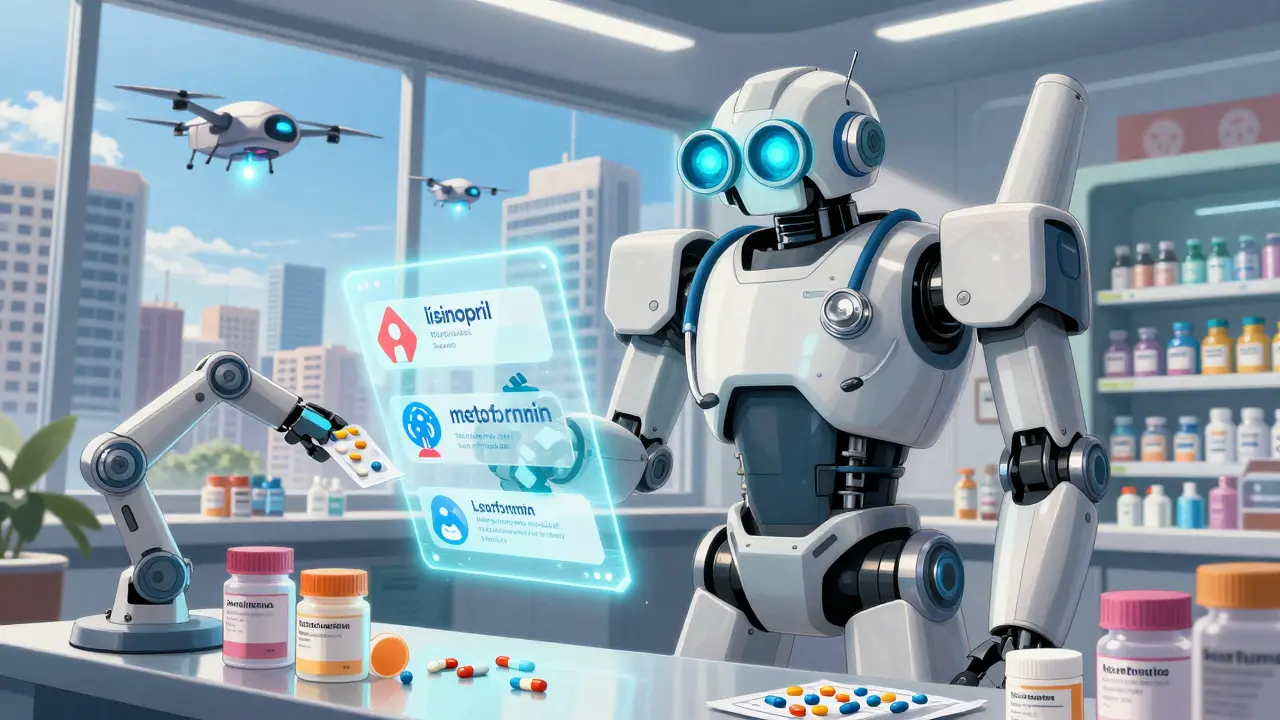 A giant robotic pharmacist packs generic pills with holographic PBS labels.