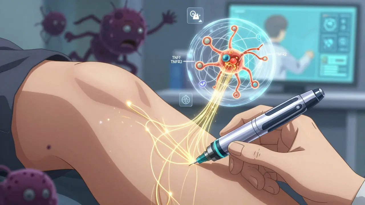 A hand injecting a high-tech pen that releases bio-threads into holographic TNF receptors.