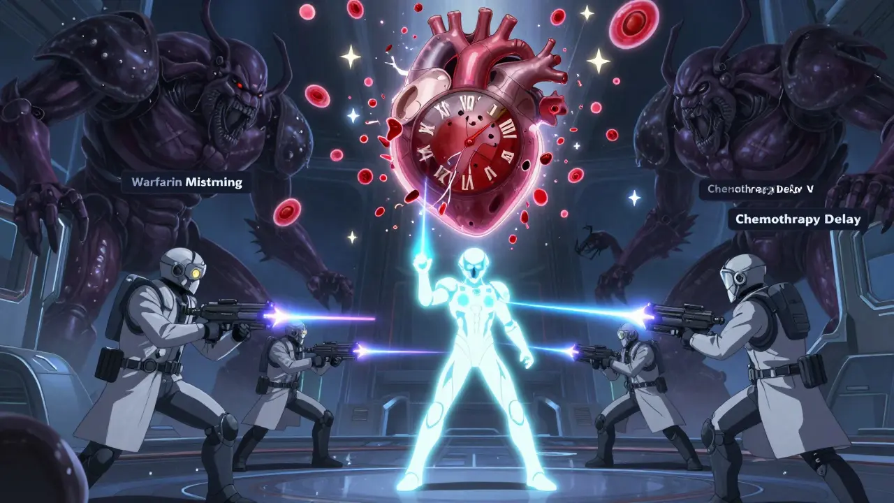 A hero in a chronotherapy suit battles clockwork monsters with a beam of timed light, shattering a heart.