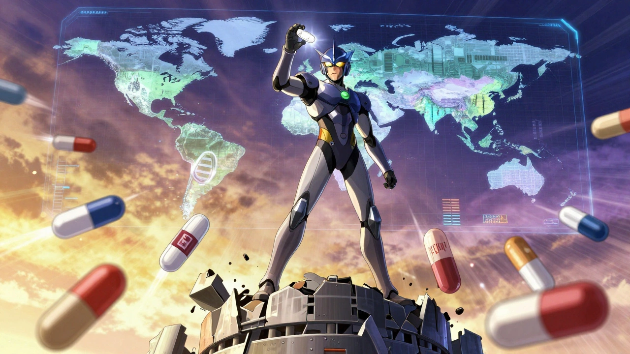 A hero in bio-armored suit stands atop a collapsing drug tower, deflecting dangerous medications with a DNA key.