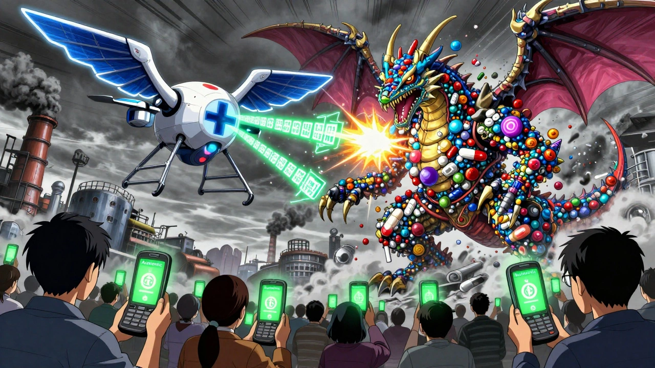 A heroic verification drone battles a counterfeit drug dragon with SMS codes as weapons in a neon-lit battlefield.