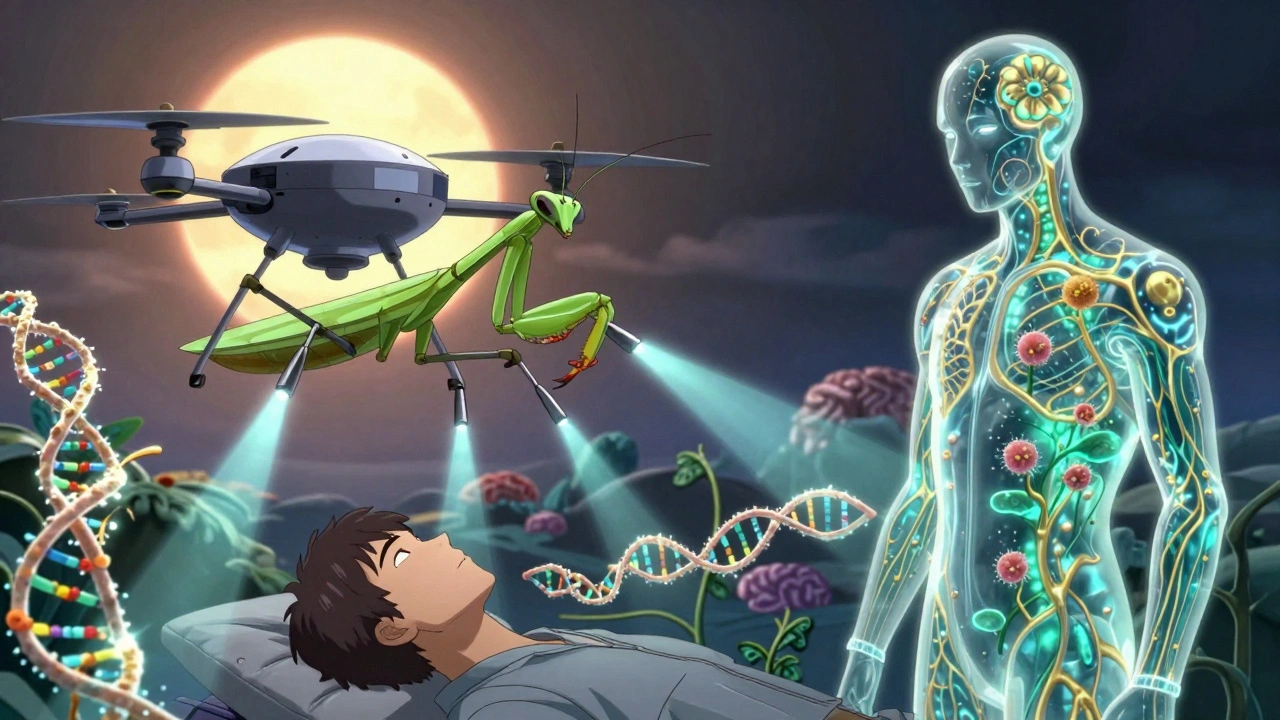 A medical drone cutting through DNA traps as new myelin grows in a glowing nervous system.
