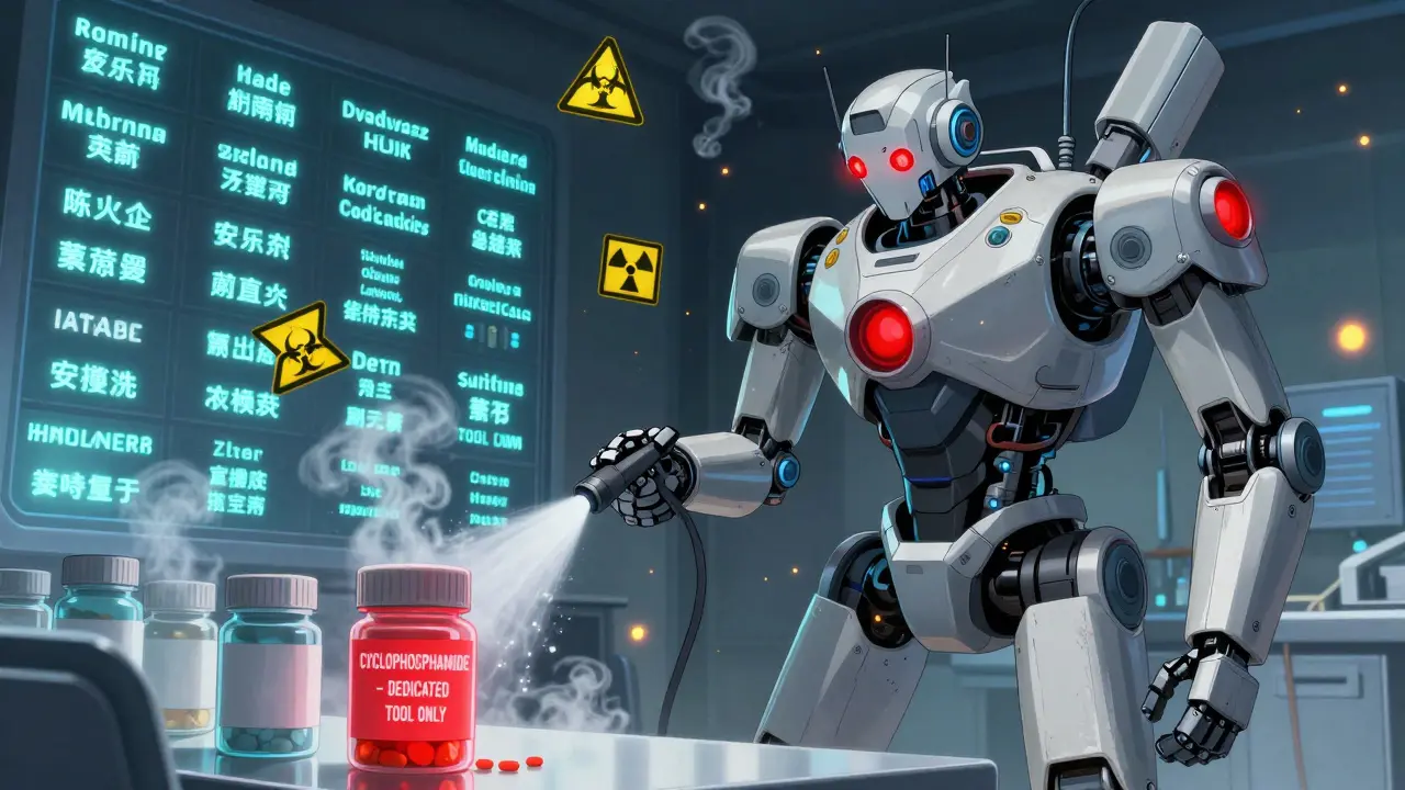 A medical robot cleaning a pill splitter with alcohol mist, hazard symbols disappearing as holographic resident names glow nearby.
