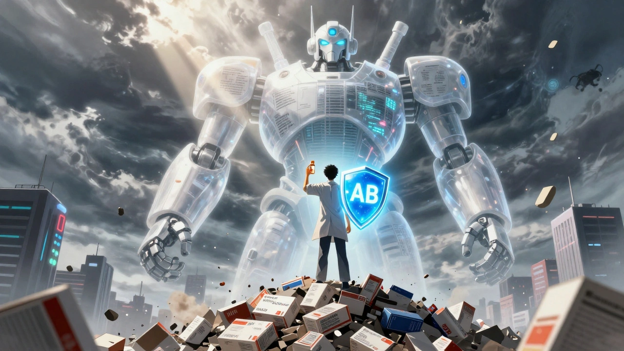 A patient holds a glowing AB-rated pill shield as a data-stream robot oracle towers behind them.
