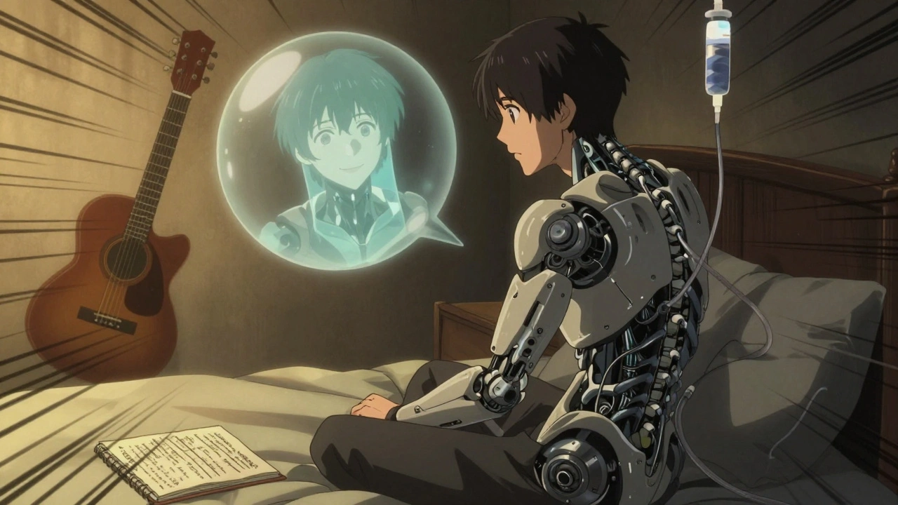 A person partially turned into a biomechanical exoskeleton sits alone, memories of joy fading behind them in a dim room.