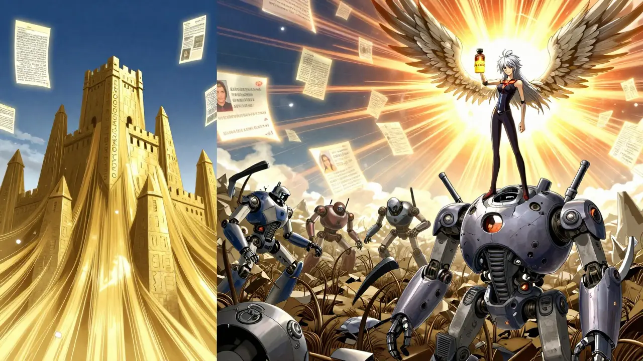 A person standing with regrown silver-streaked hair, triumphing over broken robotic treatments under a rising sun.