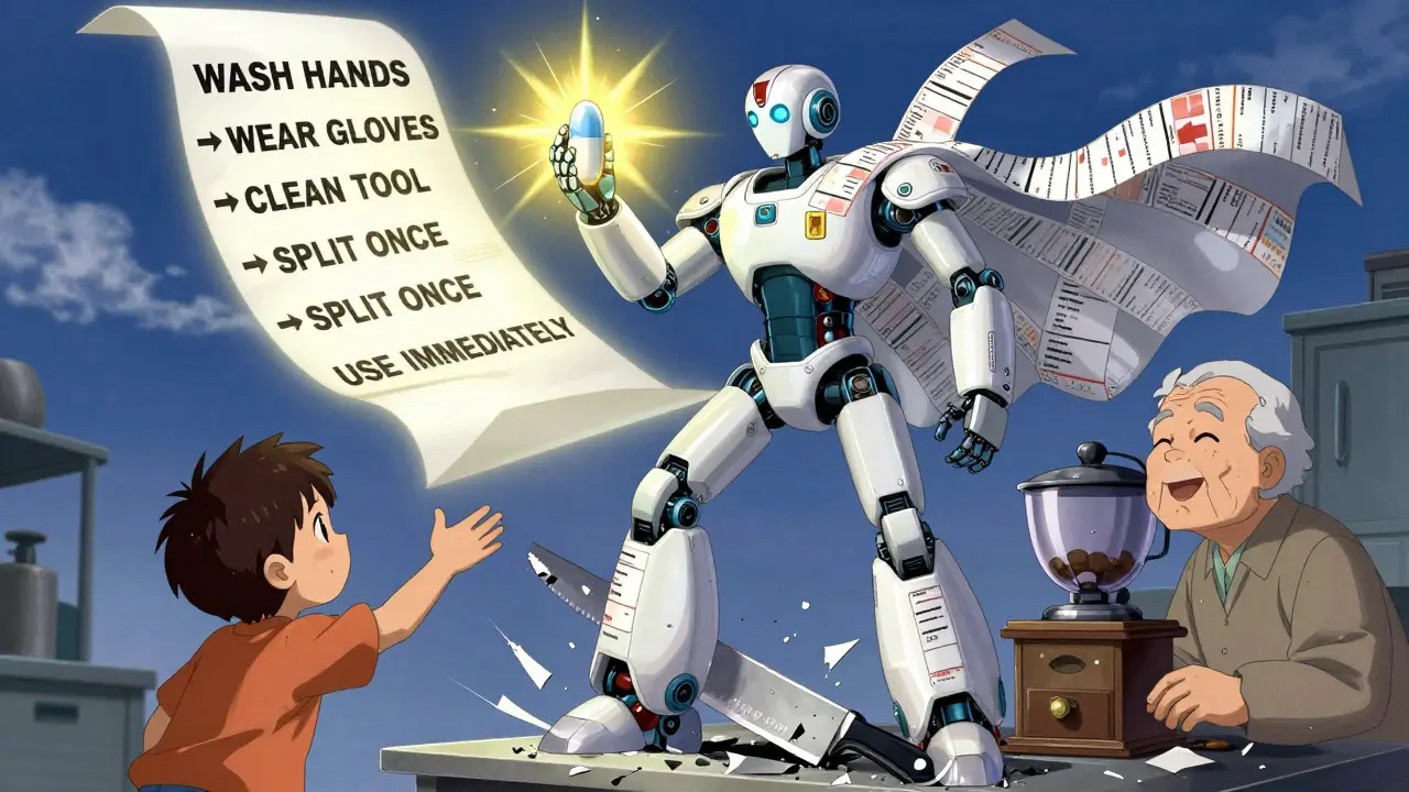 A pharmacist robot holding a pre-split tablet as broken tools lie shattered below, with a glowing safety checklist in the sky.