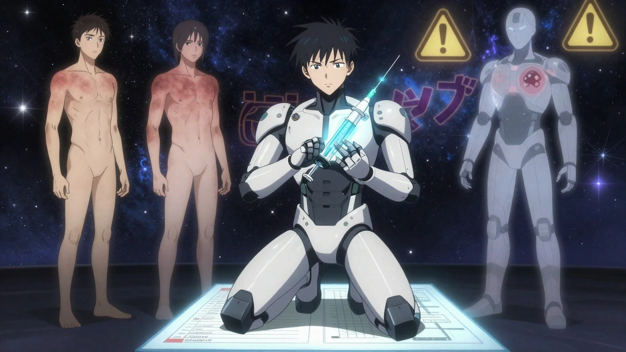 A robot pressing an epinephrine injector into its chest while three versions of itself show escalating allergic reactions.