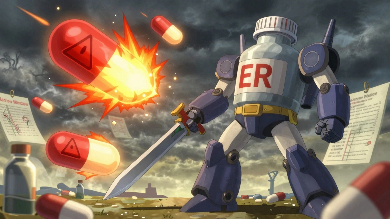 A robot warrior fights dangerous pill monsters in a medical battlefield with glowing safe pills in the background.
