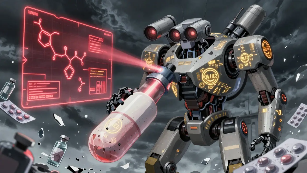 A robotic analyzer scanning a degraded pill with holographic chemical data floating around it.